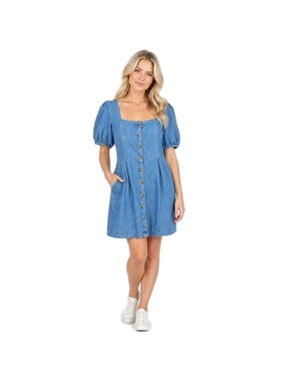 Old Navy Blue Denim Skater Dress Short Puff Sleeve Button Cotton Pockets Size XL